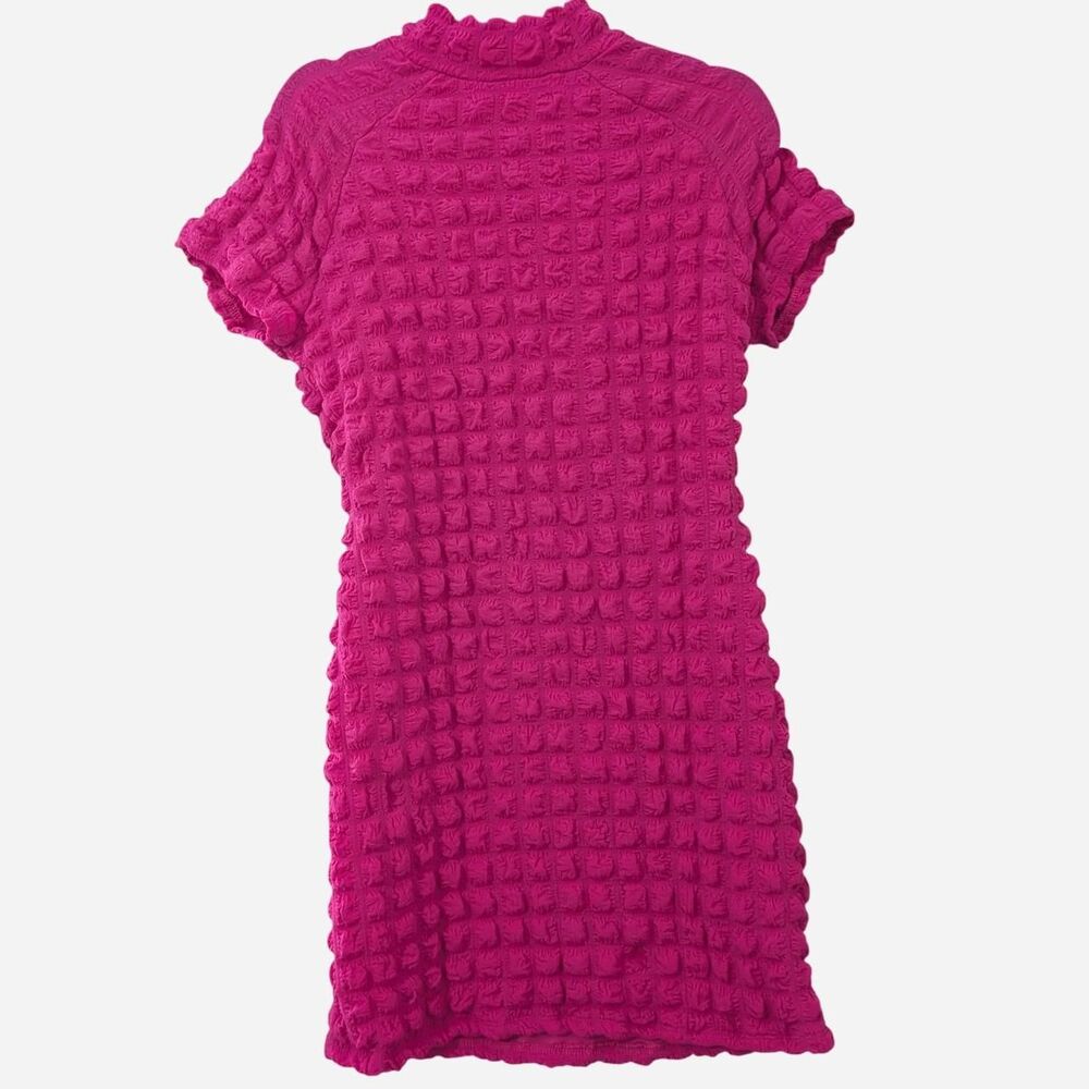 Y2K Planet Gold Hot Pink Popcorn Bubble Knit Mock Neck Bodycon Mini Dress